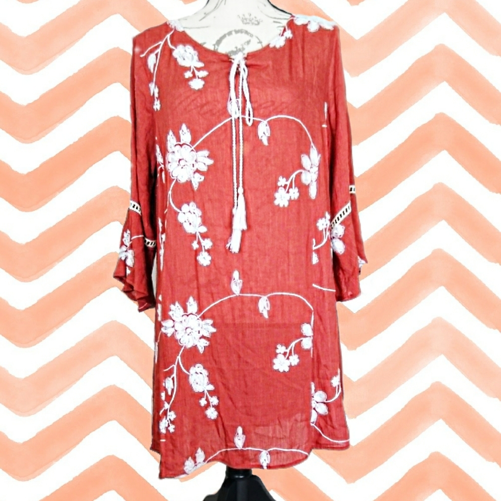 Orange boho floral embroidered tunic